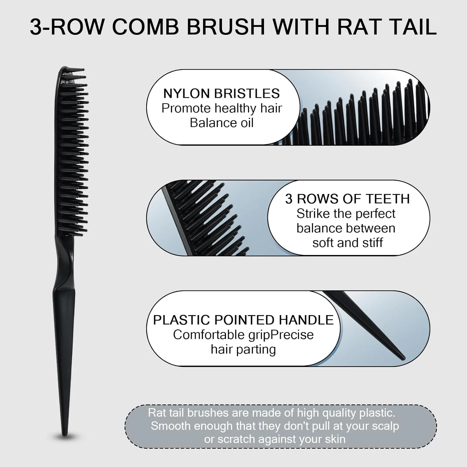 شانه مو سیمپور 3 ردیفه برای باز کردن گره موهای فر و طبیعی، برس حالت دهنده مو با موهای نایلونی، شانه پوش دهنده، شانه دم موشی برای زنان و مردان - مشکی