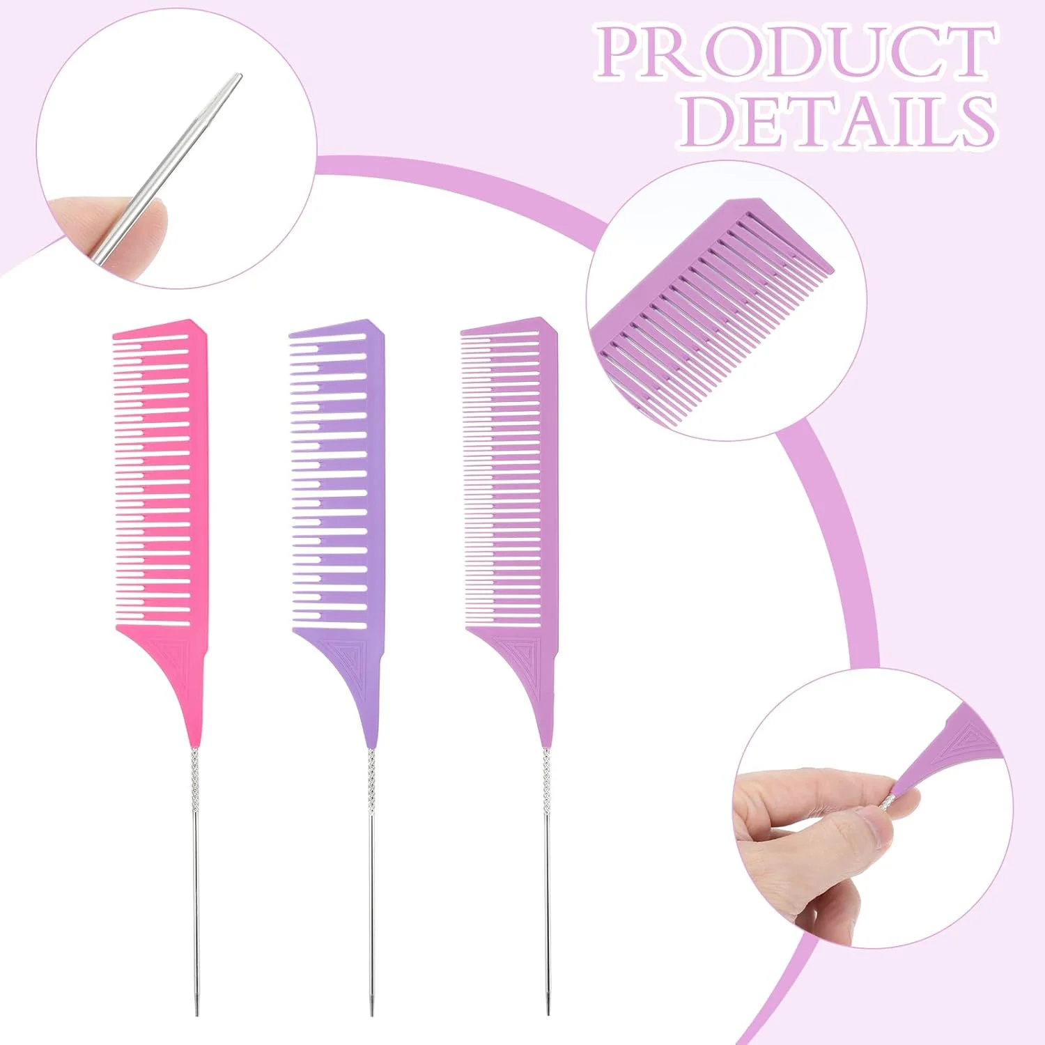 شانه فویلینگ 3 عددی برای هایلایت مو، شانه های بافت هایلایت دم موشی رنگارنگ 3 عددی برای هایلایت مو، شانه رنگ مو فلزی با پین فولادی بلند برای آرایشگر، سالن، آرایشگاه، استفاده خانگی