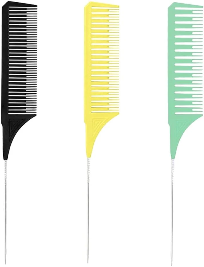 ست ۳ عددی شانه دم موشی فلزی و پلاستیکی با سایزهای مختلف، مناسب هایلایت مو در سالن، دارای دسته استیل ضد زنگ، مناسب آرایشگران زنانه و مردانه