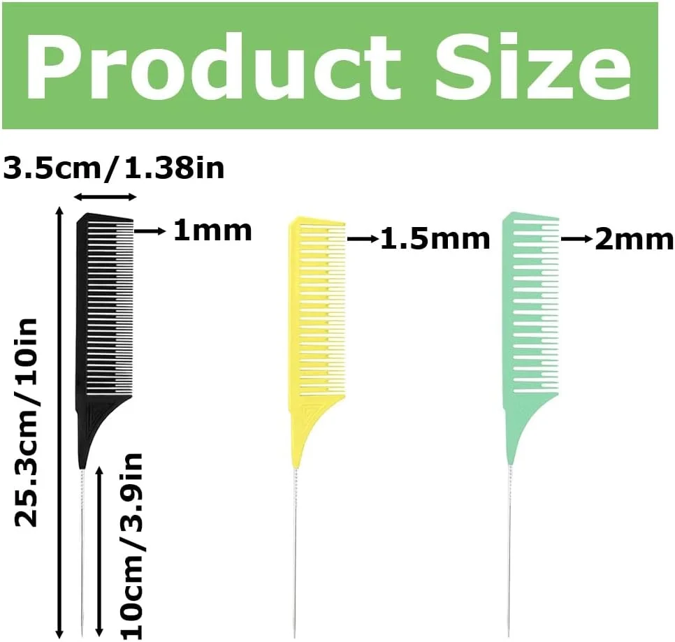 ست ۳ عددی شانه دم موشی فلزی و پلاستیکی با سایزهای مختلف، مناسب هایلایت مو در سالن، دارای دسته استیل ضد زنگ، مناسب آرایشگران زنانه و مردانه