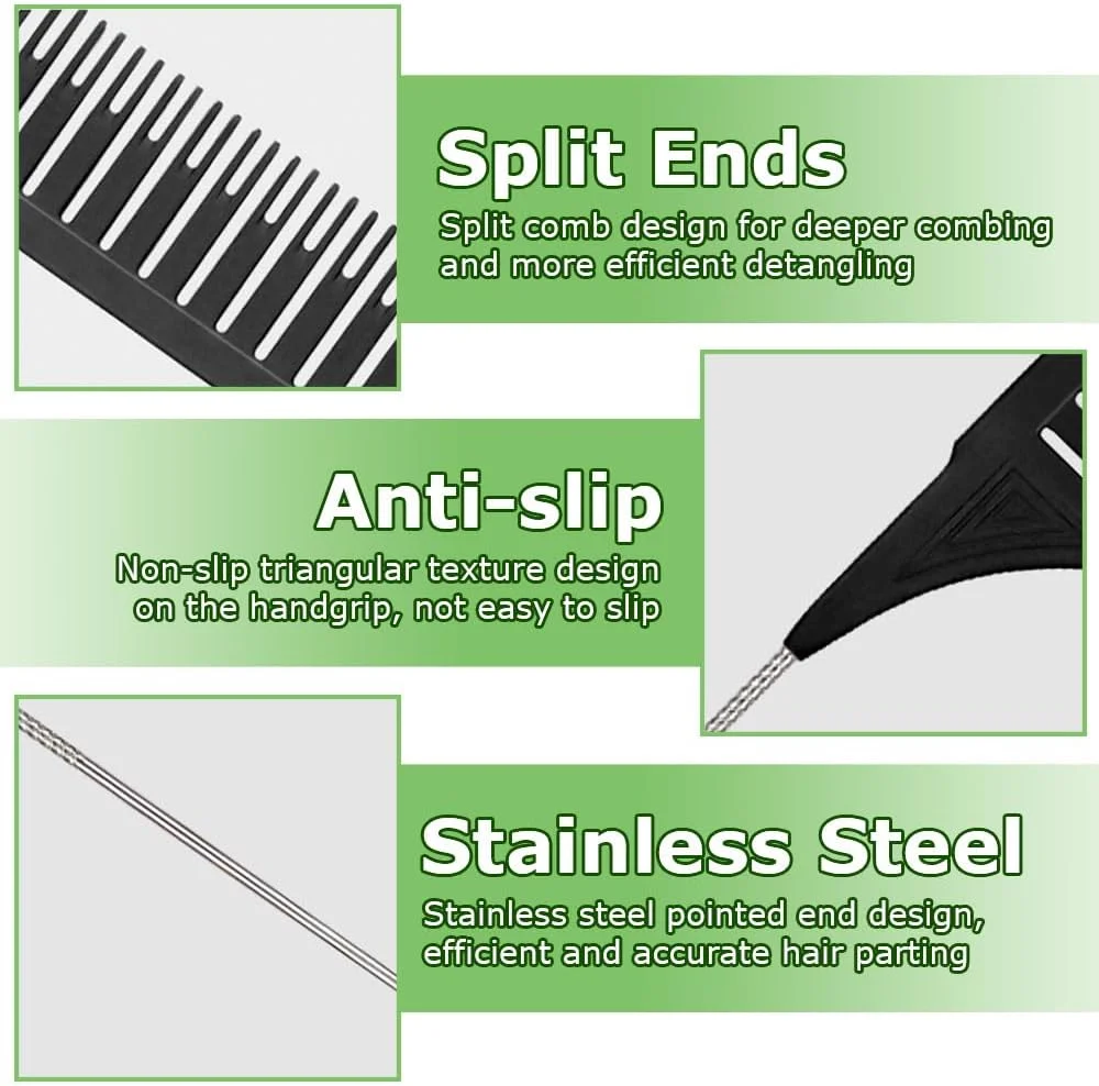 ست ۳ عددی شانه دم موشی فلزی و پلاستیکی با سایزهای مختلف، مناسب هایلایت مو در سالن، دارای دسته استیل ضد زنگ، مناسب آرایشگران زنانه و مردانه