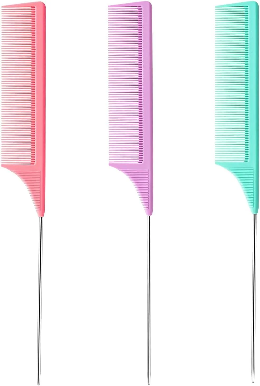 ست 3 عددی شانه دم موشی، شانه دم باریک، شانه پوش دهنده دندانه ریز با نوک فلزی برای موهای فر، شانه های باز کننده گره برای زنان، شانه های تقسیم کننده برای بافت مو، حالت دهنده مو (صورتی بنفش سبز)