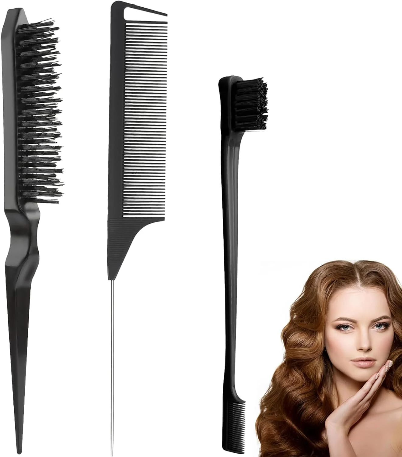 ست شانه پوش سه تکه Luoqun88، شانه دم موشی، ست شانه حالت دهنده مو، ست شانه پوش برای صاف کردن مو، برس پوش دو طرفه برای مردان و زنان در سالن و استفاده خانگی (مشکی)