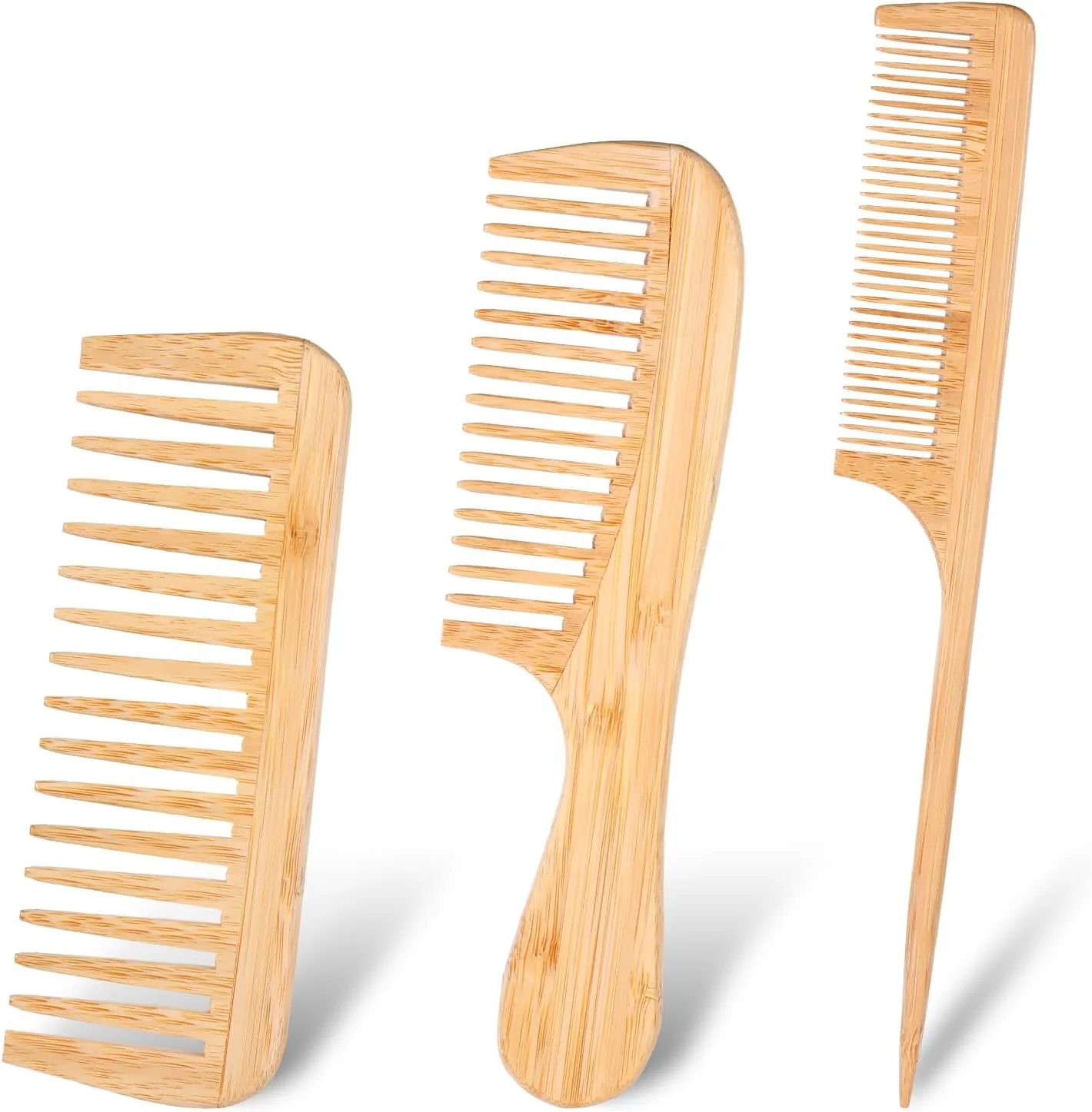 ست شانه بامبو 3 عددی، شانه چوبی طبیعی برای زنان، شانه ضد الکتریسیته ساکن، شانه چوبی دندانه پهن، شانه دم موشی برای باز کردن گره مو و حالت دادن به مو