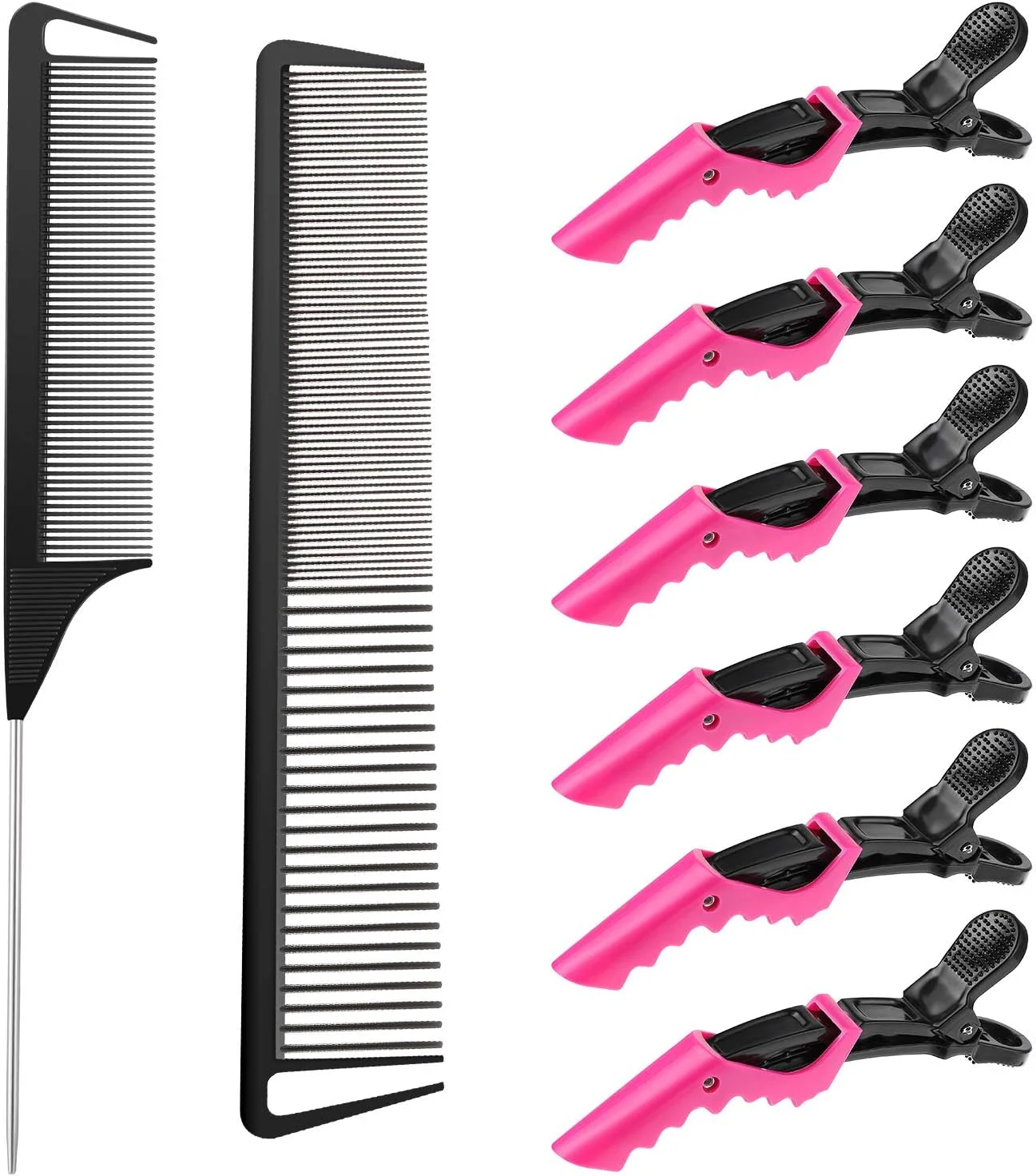 ست 2 عدد شانه فیبر کربن و 6 عدد گیره موی سوسماری تقسیم کننده، شانه دم موشی، شانه برش با دندانه های پهن و ظریف، ابزار آرایشگری و مراقبت از مو برای انواع موهای مردانه و زنانه