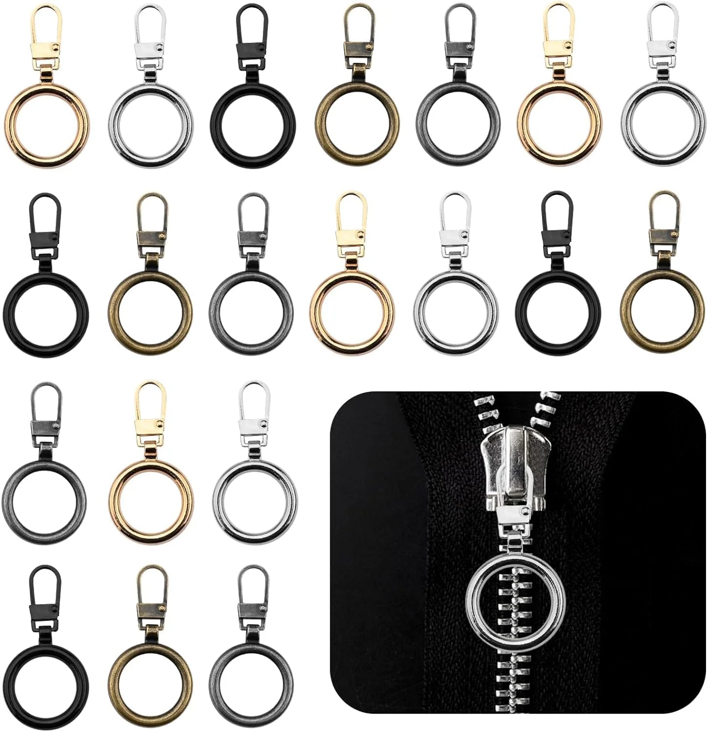 Excefore 20 Pcs Zipper Pull Replacement, Detachable Zip Pulls Metal Zipper Gripper Zip Repair Pull Tab Zipper Pull Replacement Slider Kit for Coat, Jacket, Backpack, Handbags (Round)