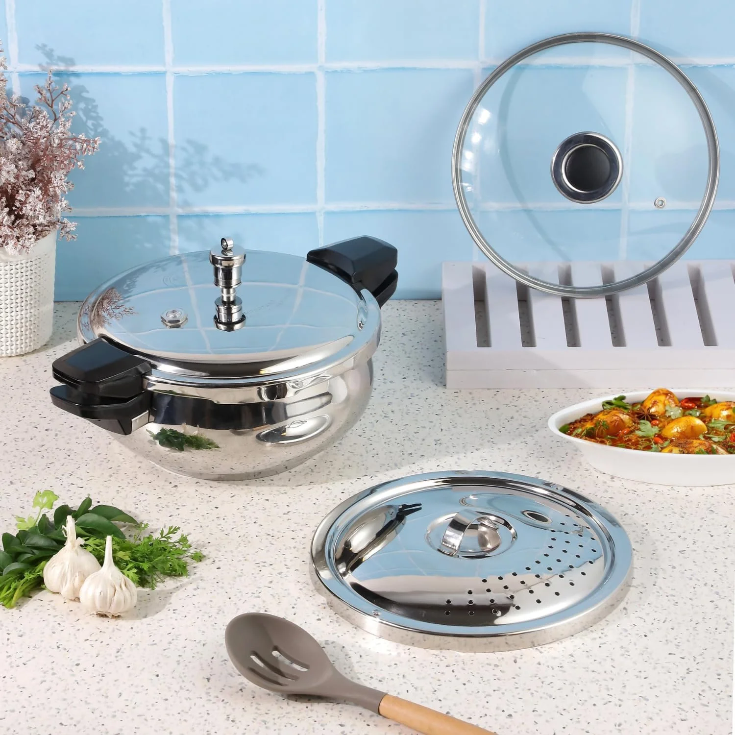 زودپز هوشمند استیل ضد زنگ 3 در 1 Vinod Magic با ظرفیت 3.5 لیتر | کف ضخیم 5 میلی متری | همه در یک با درب استیل، درب صافی و درب شیشه ای | مناسب برای اجاق گاز القایی و معمولی