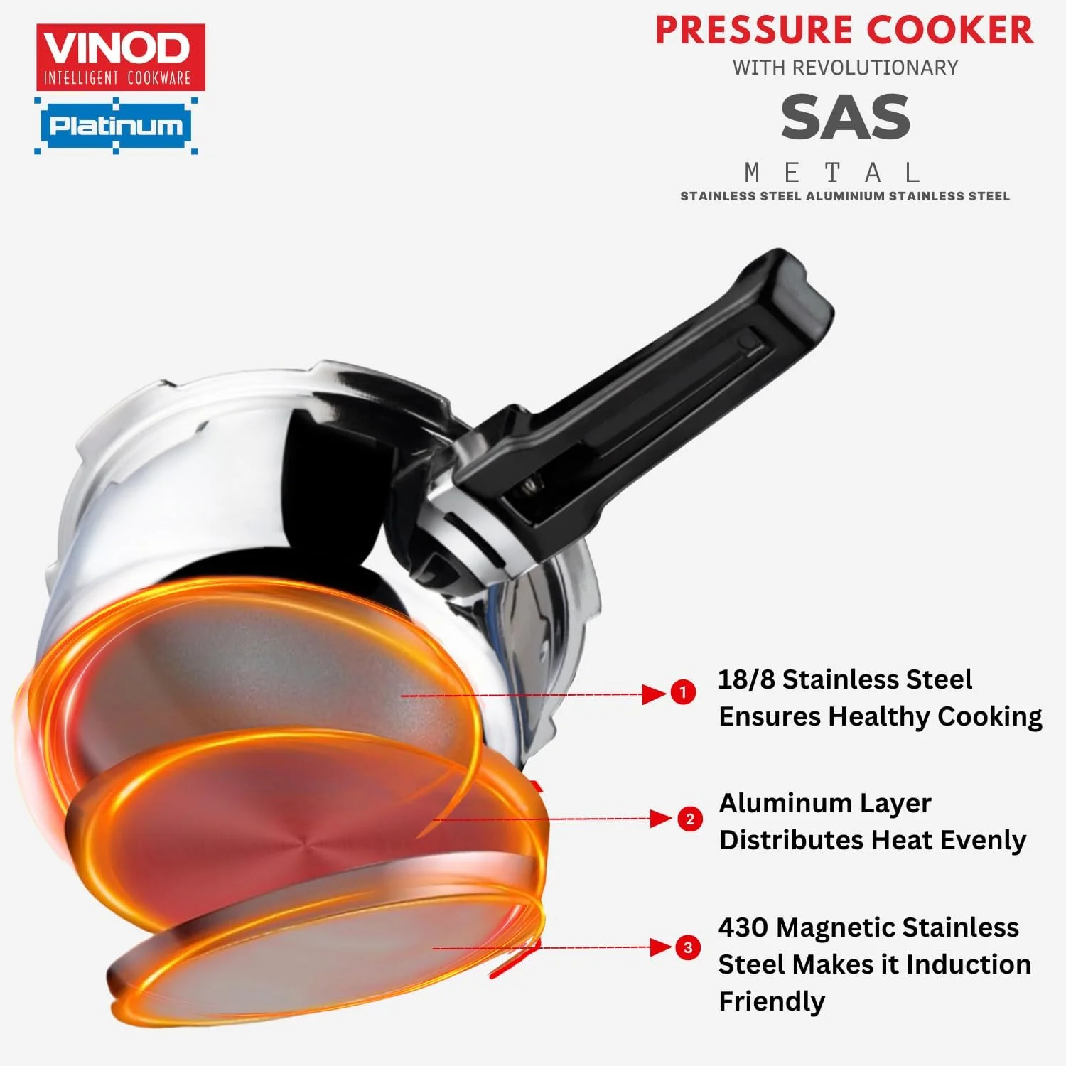 زودپز استیل ضد زنگ درب بیرونی 3 لیتری Vinod Splendid Plus | زودپز هندی با کف SAS مناسب برای اجاق گاز و القایی | دارای گواهینامه ISI و CE