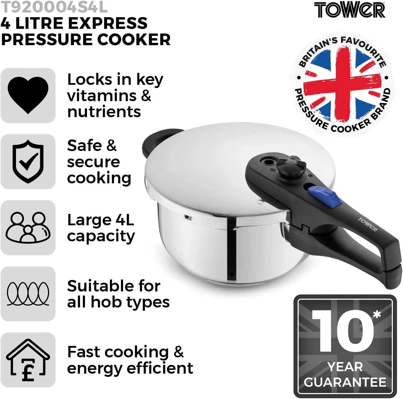 زودپز تاور مدل T920004S4L اکسپرس، دسته باکالیت با سیستم درب قفل ایمن، نشانگر فشار بصری، 4 لیتر، استیل ضد زنگ