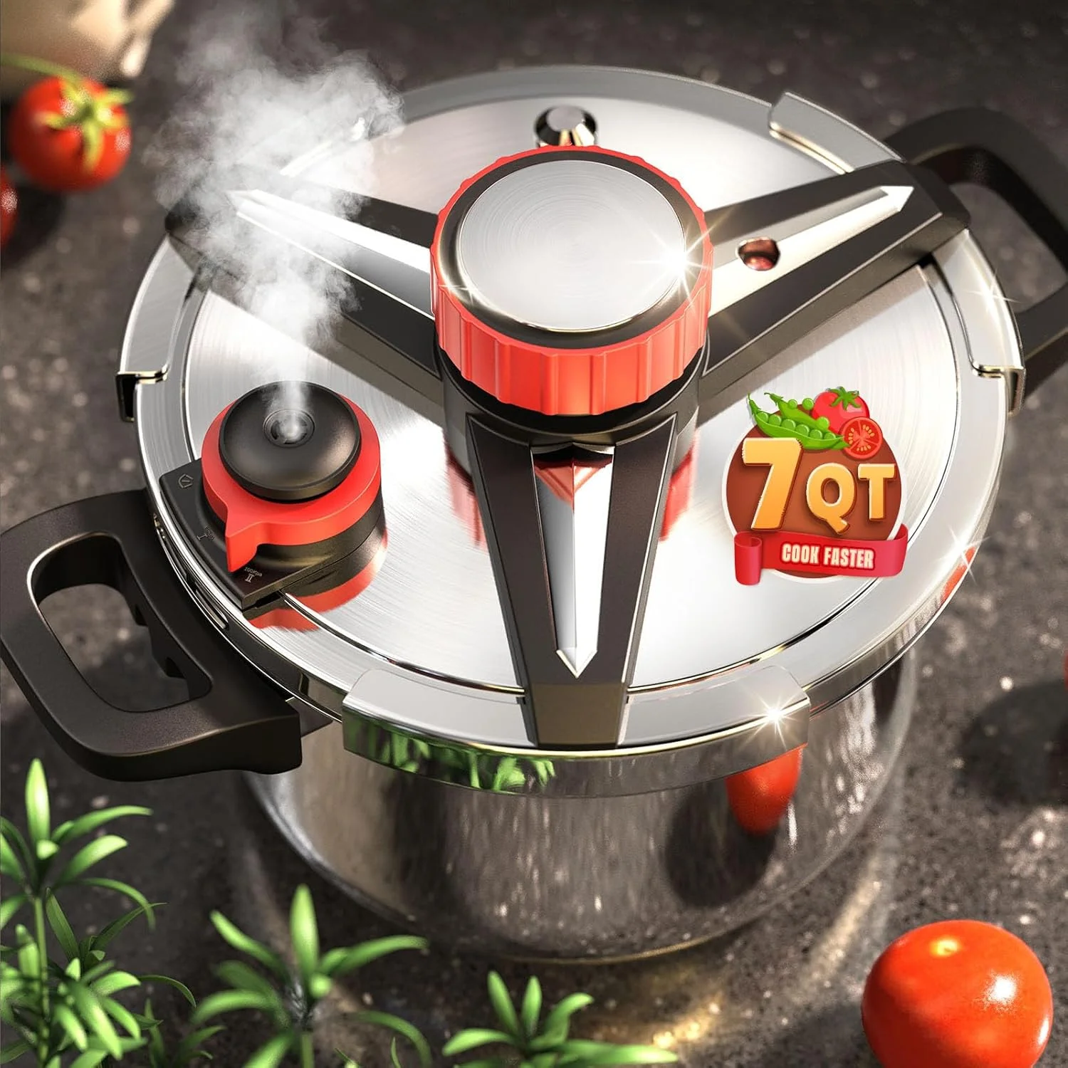 زودپز استیل ضد زنگ 18/8 با ظرفیت 7 کوارت، [صرفه جویی 70% در زمان پخت] Olla De Presion با بدنه Food-Grade [عملکرد با یک دست] سیستم درب قفل/باز کردن چرخشی، دارای قفسه بخارپز