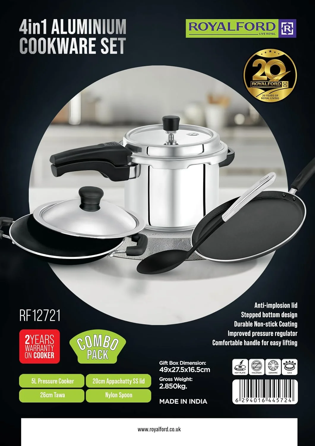 ست ظروف پخت و پز آلومینیومی 4 در 1 رویال فورد مدل RF12721، شامل زودپز 5 لیتری، آپاچاتی با درب، تاوا 26 سانتی متری، قاشق نایلونی مناسب برای همه اجاق ها