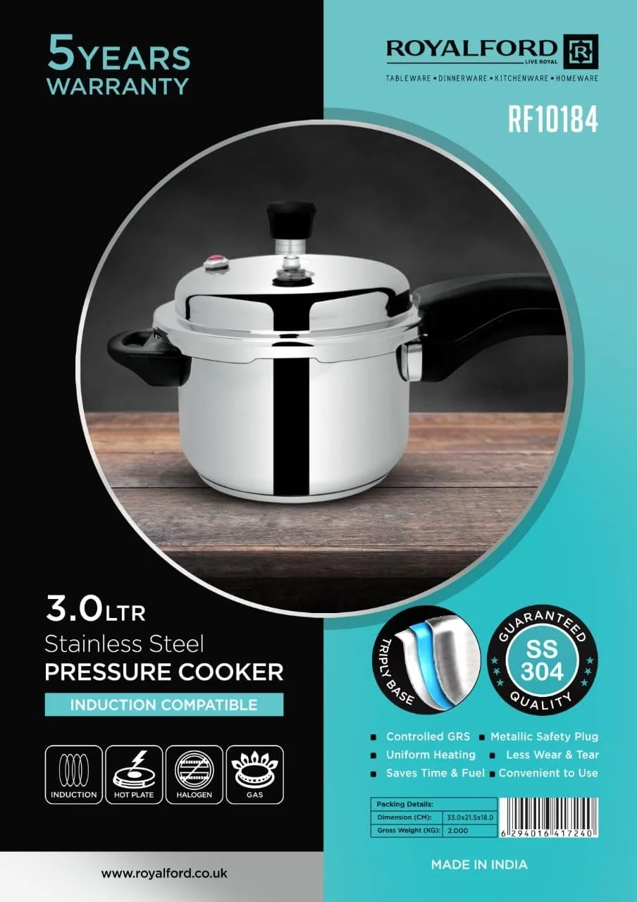 Royalford RF10184 3.0Ltr Stainless Steel Pressure Cooker - Portable Cool Touch Handle With Steam Vent Ideal For Rice, Meat, & More, Multi Royalford RF10184 3.0Ltr Stainless Steel Pressure Cooker - Portable Cool Touch Handle With Steam Vent Ideal For Rice, Meat, & More, Multi