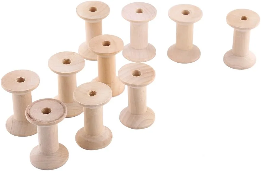 - قرقره خالی - 10 عدد قرقره نخ خالی چوبی رنگ چوب طبیعی 47mm x 31mm