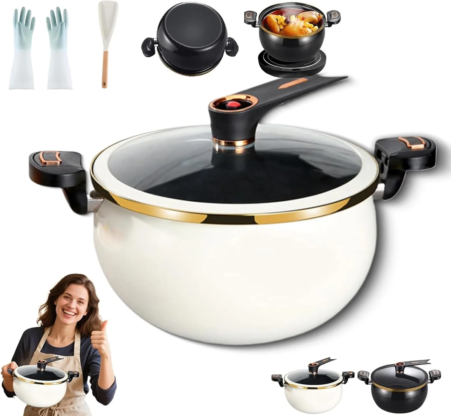 زودپز کوچک، دیگ زودپز 8 لیتری با گرمایش سریع و دستگیره های قفل دار، قابلمه نچسب با درب شیشه ای ایستاده برای اجاق گاز، القایی و برقی (سفید)