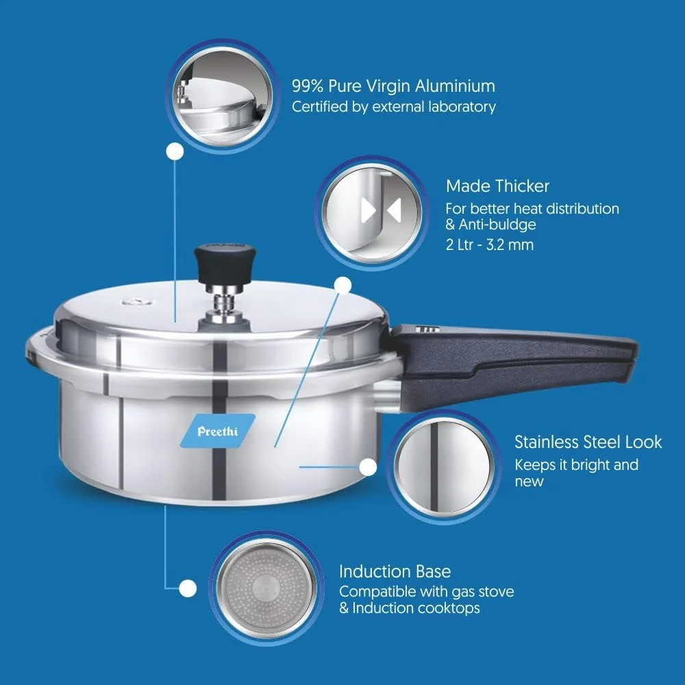 زودپز آلومینیومی پریتی با درب بیرونی و پایه القایی، ۲ لیتر، نقره ای