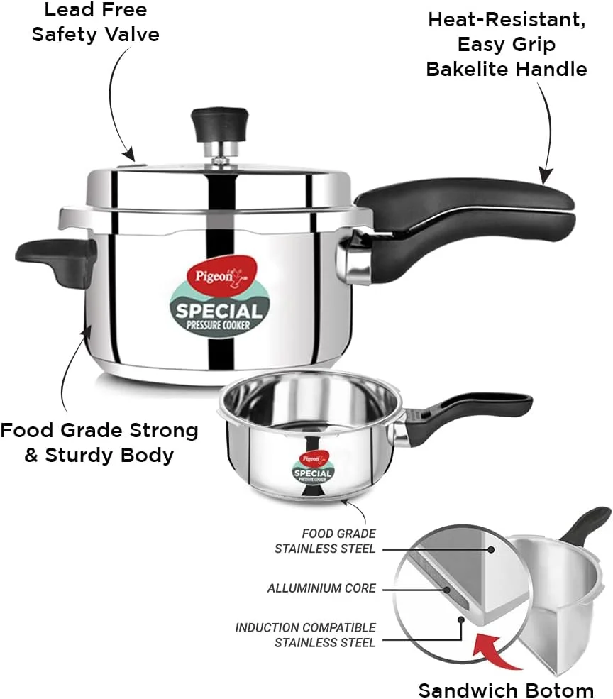 زودپز استیل پیژن بای استووکرافت مدل Special با درب خارجی، سازگار با اجاق گاز و اجاق القایی، ظرفیت 2، 3، 5 لیتر برای پخت و پز سالم (نقره ای)