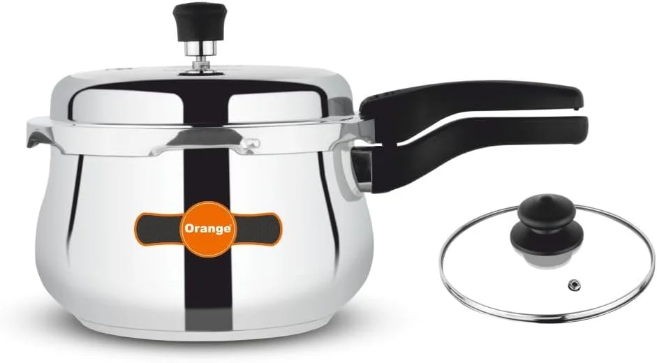 زودپز دستی هندی درب بیرونی استیل سه لایه نارنجی، 1.5 لیتر | به همراه درب شیشه ای | دسته قوی و محکم | کف ضخیم | مناسب برای اجاق های القایی و گازی | روکش نقره ای بادوام