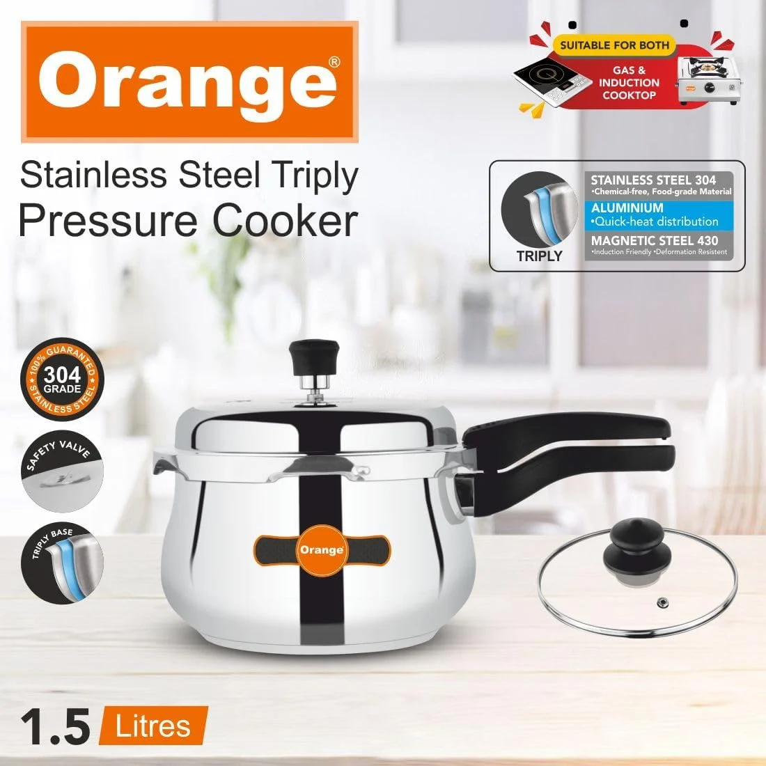 زودپز دستی هندی درب بیرونی استیل سه لایه نارنجی، 1.5 لیتر | به همراه درب شیشه ای | دسته قوی و محکم | کف ضخیم | مناسب برای اجاق های القایی و گازی | روکش نقره ای بادوام