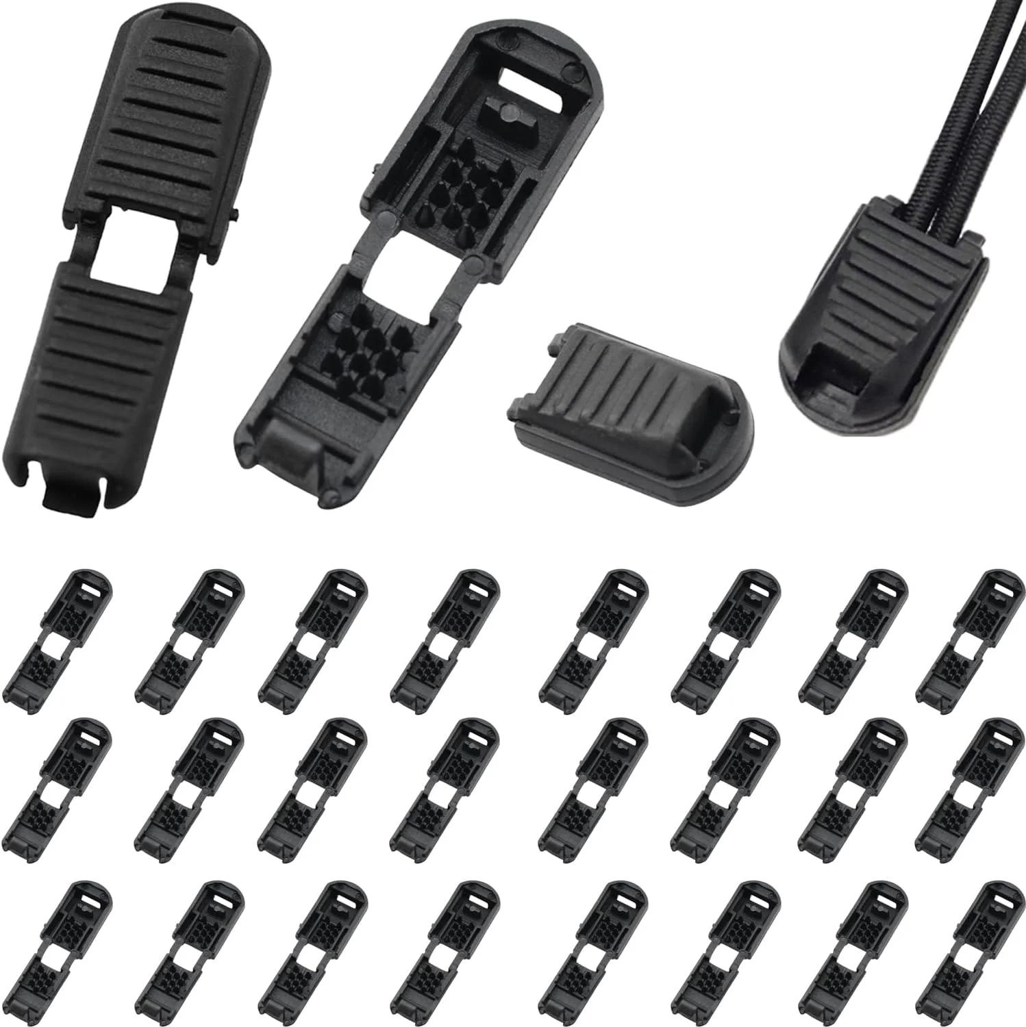 DZS ELEC بسته 25 عددی گیره دم S032، سگک بند ناف دم، سگک پلاستیکی مشکی، انتهای بند زیپ، قطعه کشش سگک کیف، انتهای بند ثابت شیاردار مورد استفاده برای بند کفش های دویدن، بند چتر، لباس ورزشی