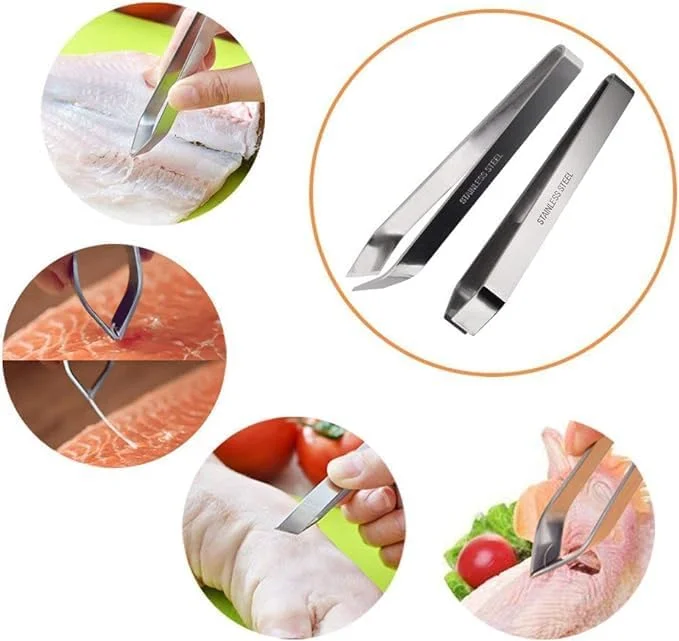 JIEOU 4 Pieces Fish Bone Tweezers Set - Stainless Steel Tongs, Fish Scale Scraper Removers, Flat and Slant Pliers for Chef Cooking Utensils, Sea Food, Beauty Tools JIEOU 4 Pieces Fish Bone Tweezers Set - Stainless Steel Tongs, Fish Scale Scraper Removers, Flat and Slant Pliers for Chef Cooking Utensils, Sea Food, Beauty Tools
