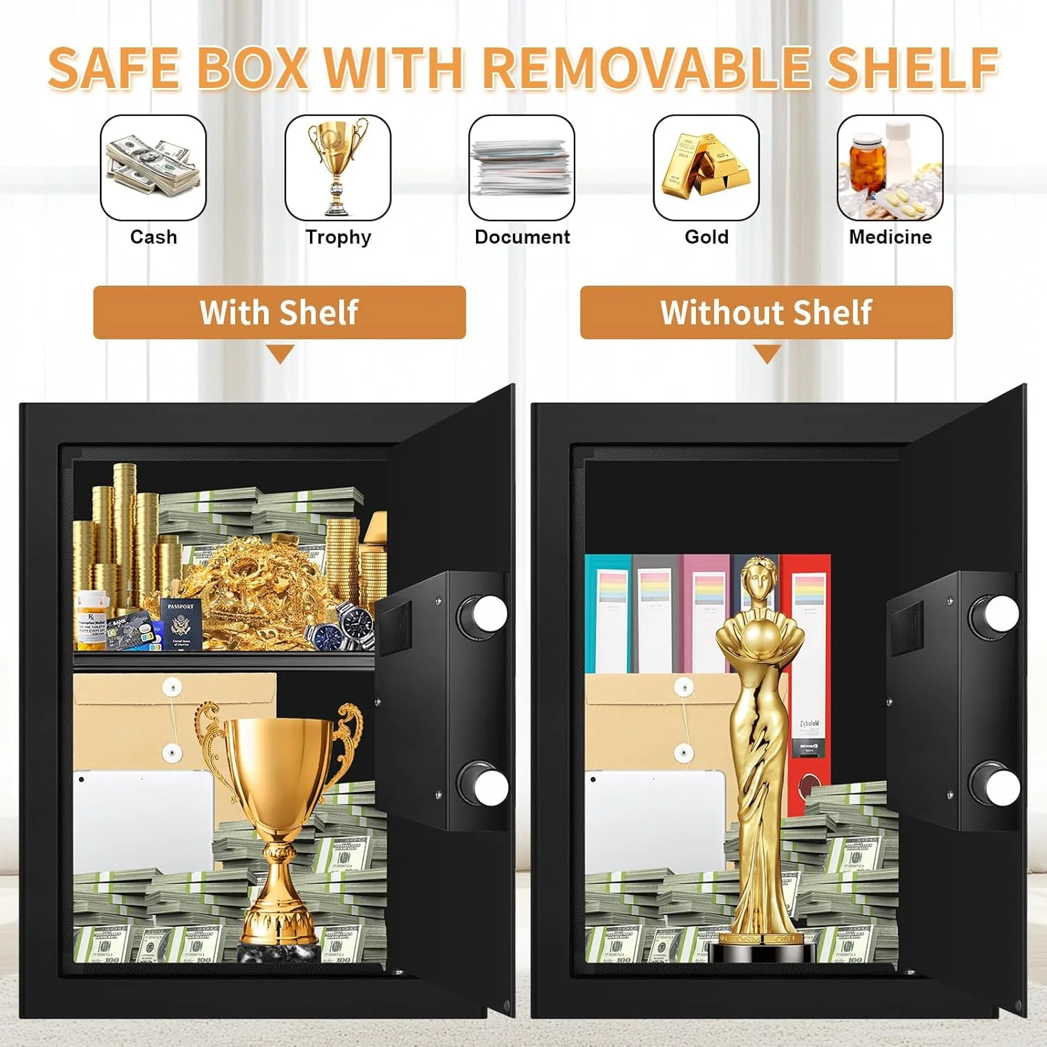 گاوصندوق بزرگ نسوز 93 لیتری برای مصارف خانگی، صندوق امانات دیجیتال ضد آب و نسوز با صفحه کلید الکترونیکی و کلیدهای یدکی، کابینت اسناد ضد سرقت و نسوز برای پول، دارو و اشیاء قیمتی