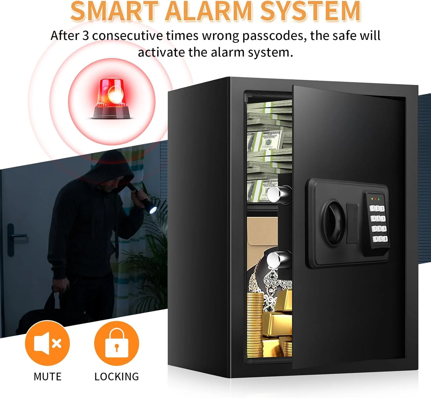 گاوصندوق بزرگ نسوز 93 لیتری برای مصارف خانگی، صندوق امانات دیجیتال ضد آب و نسوز با صفحه کلید الکترونیکی و کلیدهای یدکی، کابینت اسناد ضد سرقت و نسوز برای پول، دارو و اشیاء قیمتی