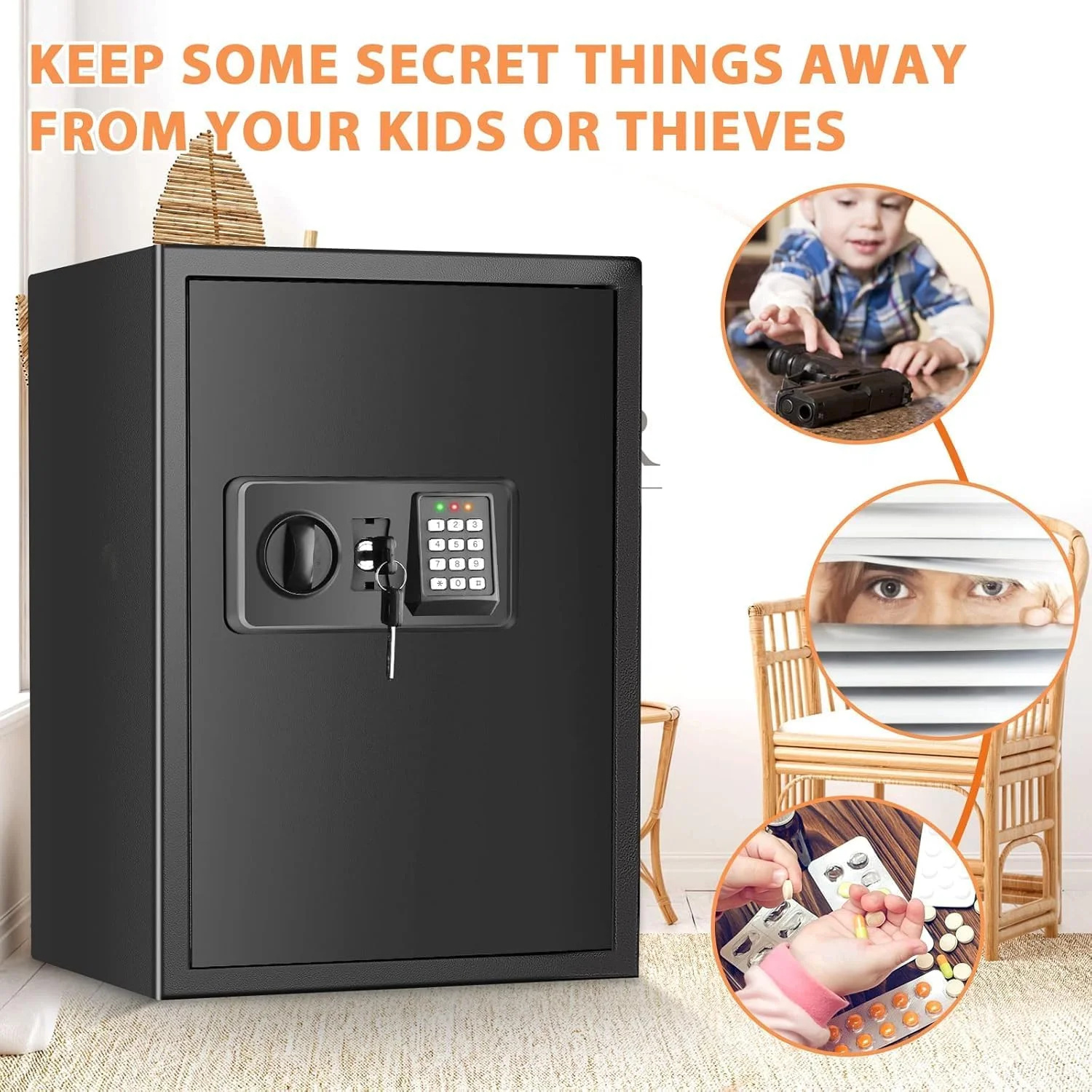 گاوصندوق بزرگ نسوز 93 لیتری برای مصارف خانگی، صندوق امانات دیجیتال ضد آب و نسوز با صفحه کلید الکترونیکی و کلیدهای یدکی، کابینت اسناد ضد سرقت و نسوز برای پول، دارو و اشیاء قیمتی