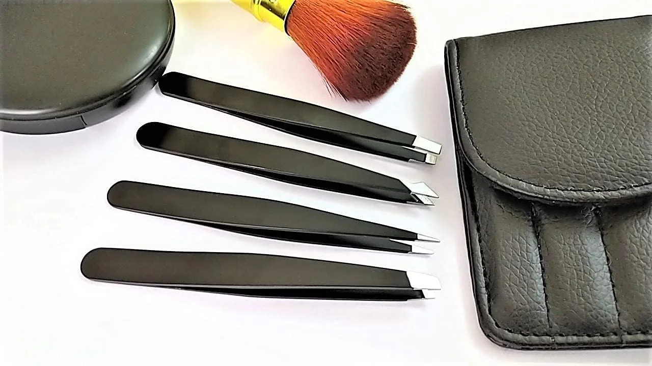 ست موچین حرفه ای 4 عددی استیل ضد زنگ با کیف چرمی برای موچین ابرو و مژه