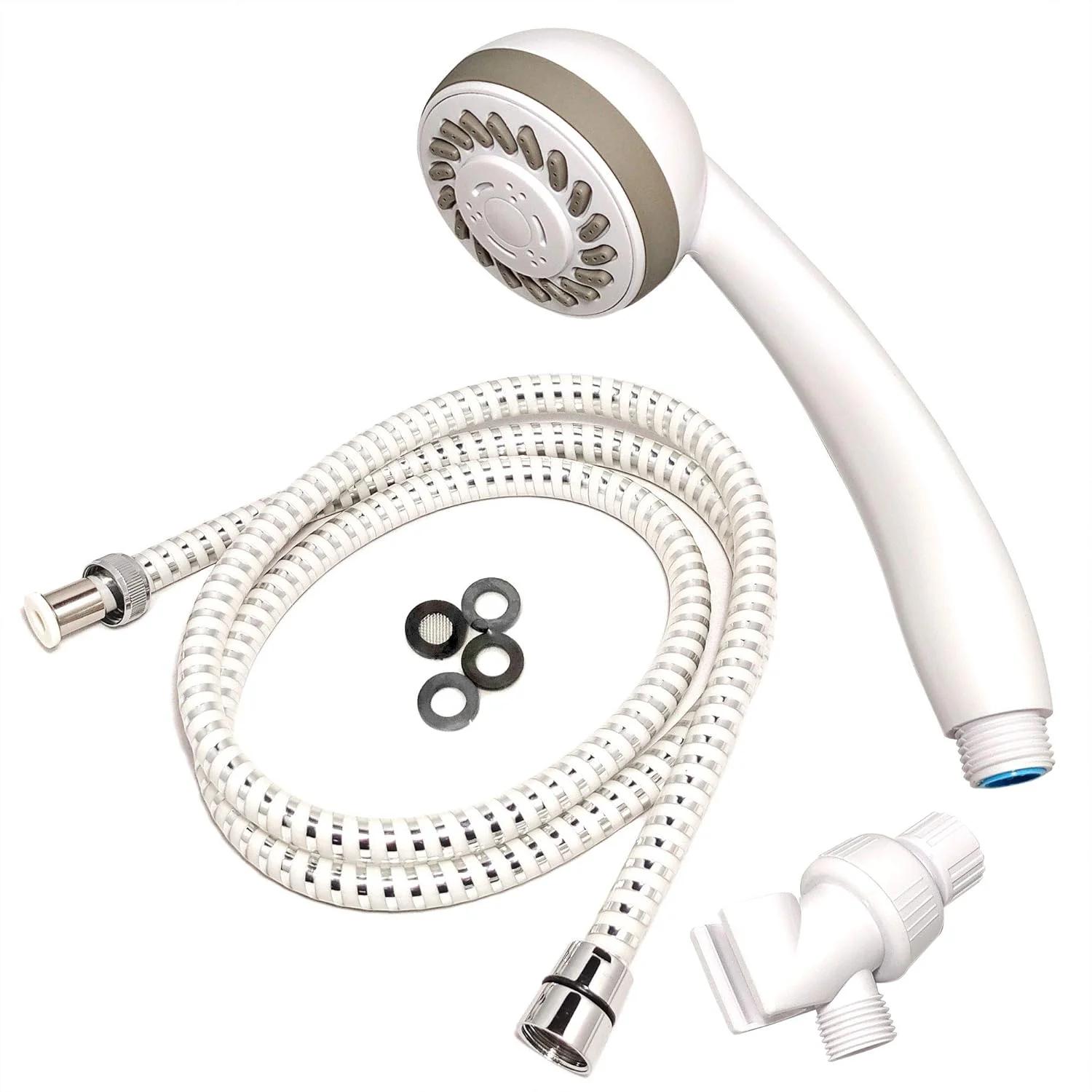 ست دوش دستی 3 حالته آلفا Avalon Plumbing Supply با نگهدارنده توپی چرخشی و شلنگ انعطاف پذیر PVC سفید و نقره ای 59 اینچی