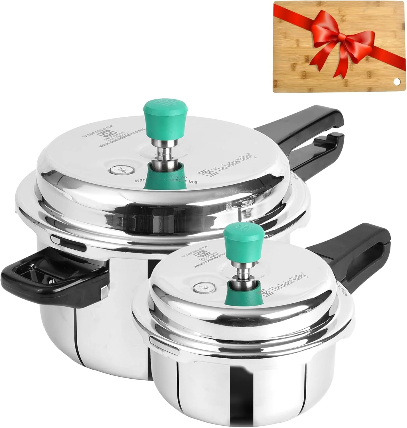 زودپز استیل سه لایه اینداس ولی درب بیرونی کمبو + تخته خردکن چوبی رایگان | 2 لیتر و 5 لیتر | مناسب برای اجاق های القایی | دارای گواهینامه ISI، بدنه نچسب 3 لایه، 100% خالص و بدون مواد سمی