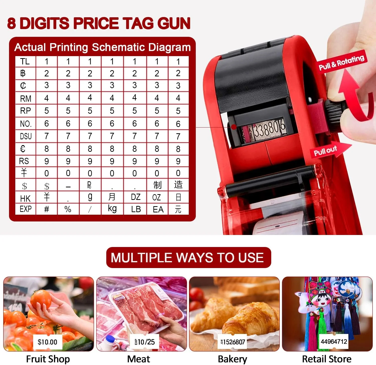 برچسب قیمت 8 رقمی MX-5500 به همراه 10000 عدد برچسب و 10 جوهر یدکی، کیت برچسب زن قیمت، مناسب برای دفتر، فروشگاه، سوپرمارکت، علامت گذاری و سازماندهی (قرمز-2)