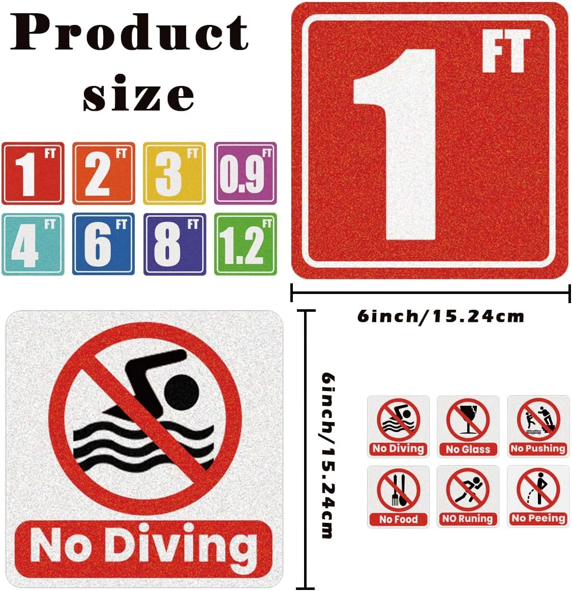 برچسب های علامت عمق استخر 6x6 اینچی، علائم ایمنی استخر، برچسب های ضد لغزش، بدون شیشه، بدون شیرجه، بدون غذا، بدون دویدن، بدون هل دادن، بدون ادرار، علائم هشدار دهنده چسبی برای تزئین استخر