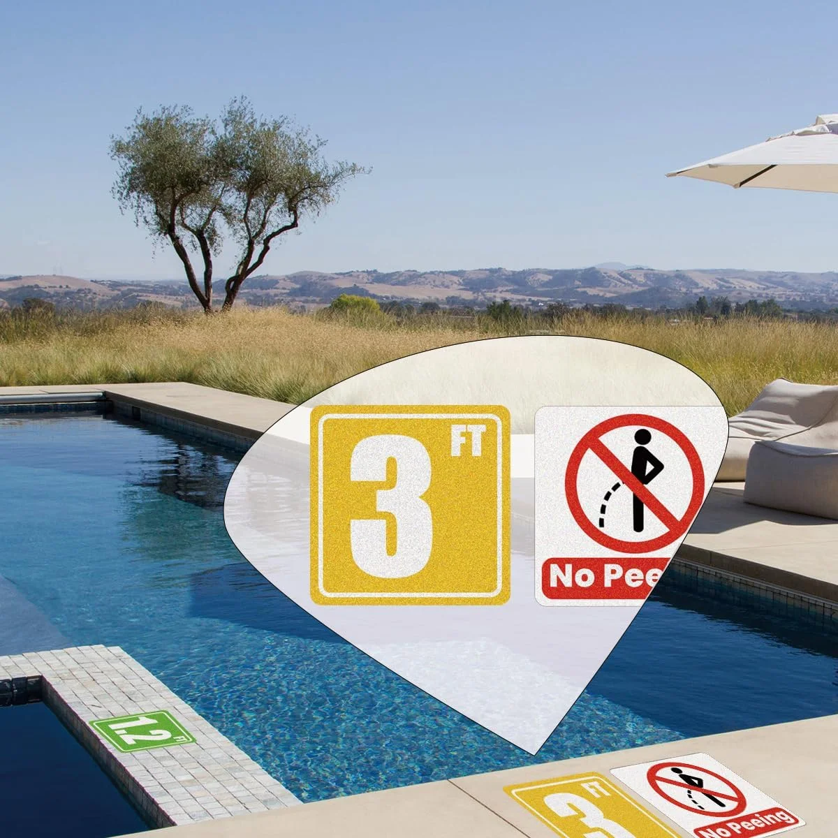 برچسب های علامت عمق استخر 6x6 اینچی، علائم ایمنی استخر، برچسب های ضد لغزش، بدون شیشه، بدون شیرجه، بدون غذا، بدون دویدن، بدون هل دادن، بدون ادرار، علائم هشدار دهنده چسبی برای تزئین استخر