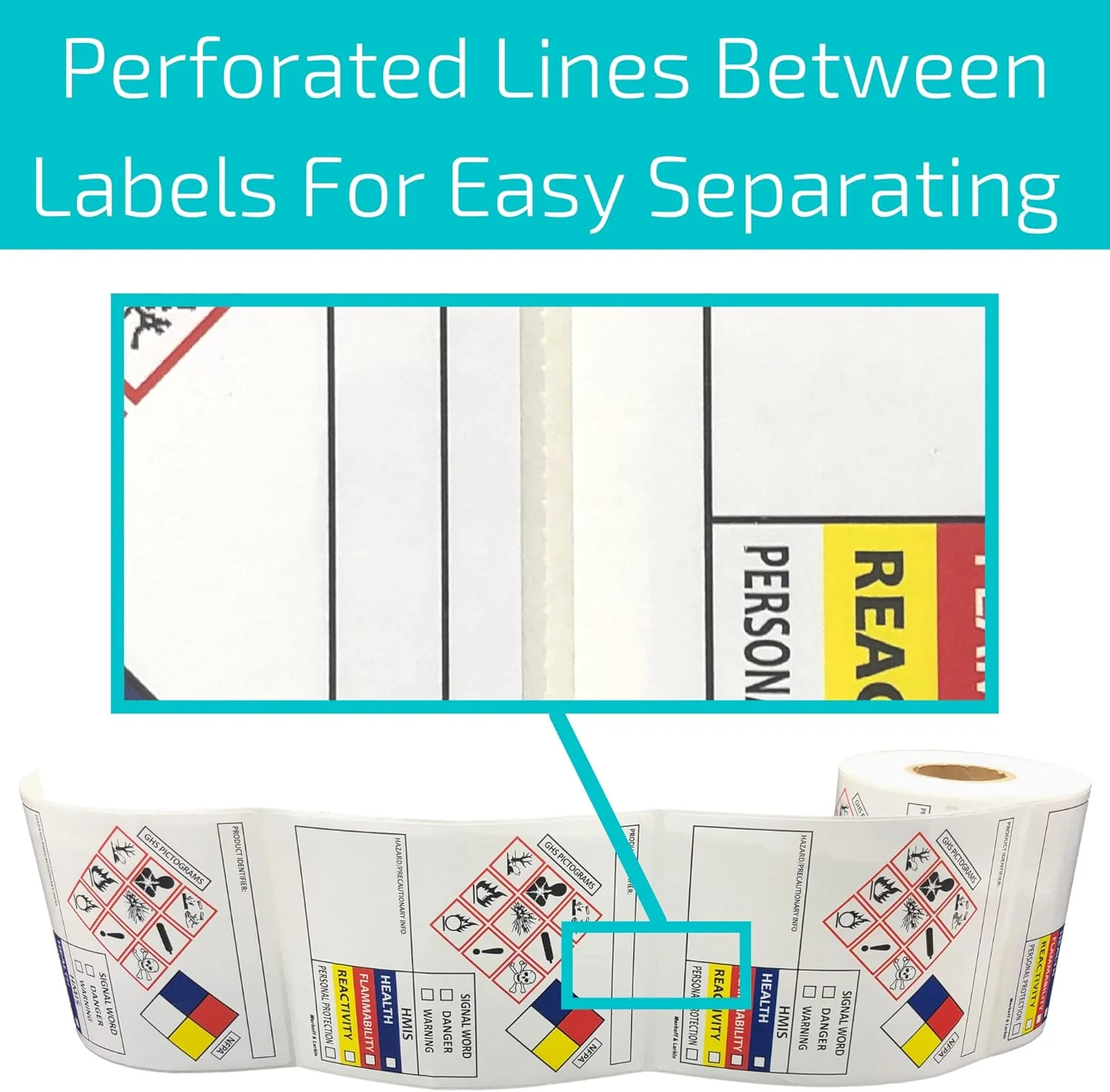 برچسب های SDS OSHA Merhoff & Larkin برای اطلاعات ایمنی مواد شیمیایی، 10x7.5 سانتی متر | رول 250 عددی برچسب MSDS با تصاویر GHS و لبه های پرفراژ شده برای جدا کردن آسان | سازگار با خطر HMIS