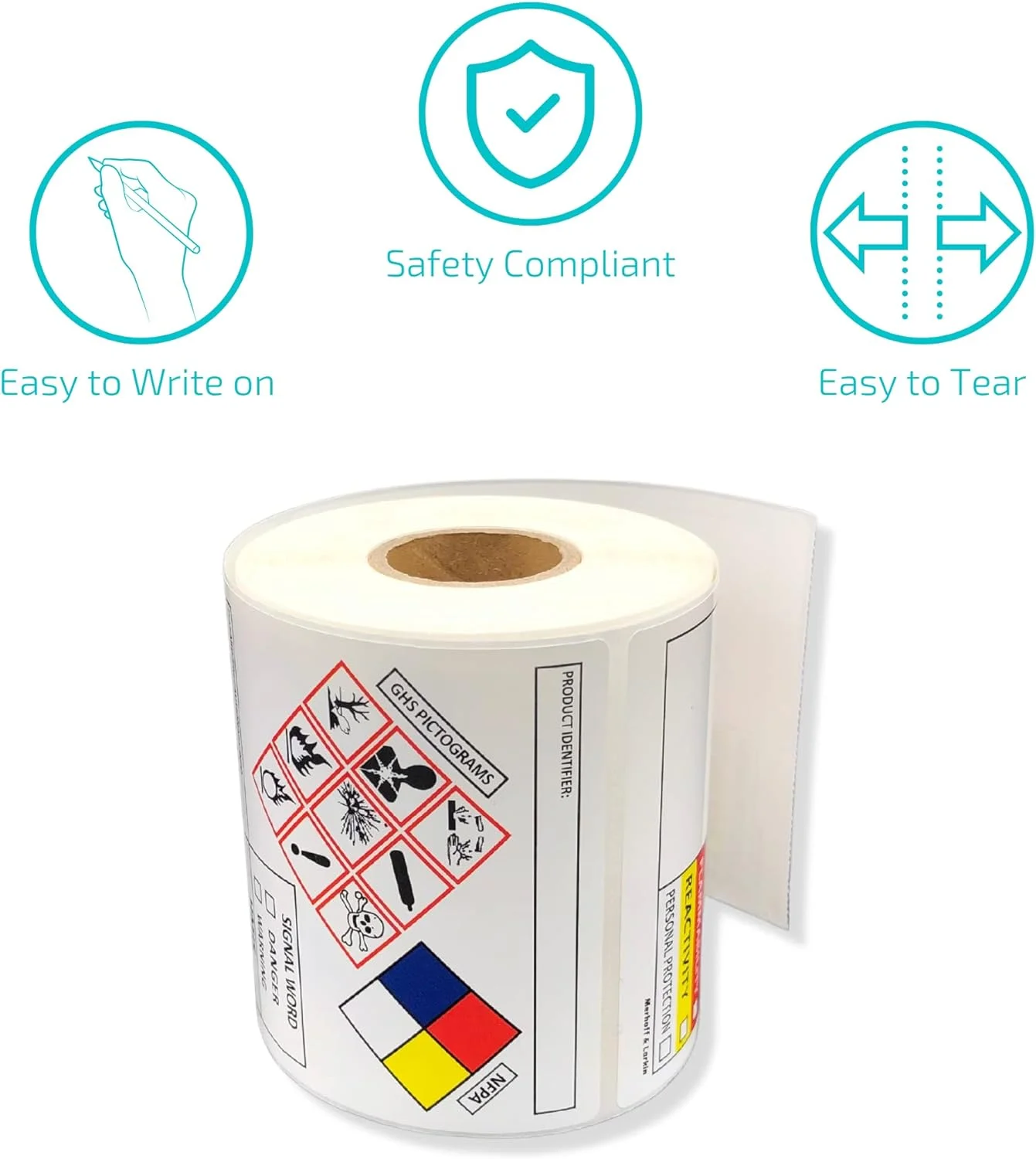 برچسب های SDS OSHA Merhoff & Larkin برای اطلاعات ایمنی مواد شیمیایی، 10x7.5 سانتی متر | رول 250 عددی برچسب MSDS با تصاویر GHS و لبه های پرفراژ شده برای جدا کردن آسان | سازگار با خطر HMIS