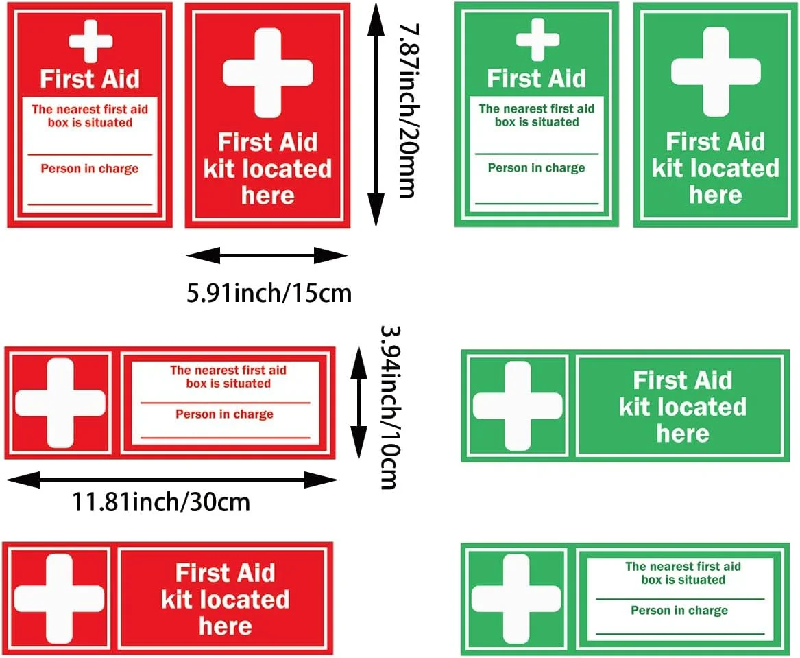 بسته 8 عددی برچسب جعبه کمک های اولیه، علامت اورژانس پزشکی، علامت ایمنی و بهداشت، 4 مجموعه برچسب قرمز و سبز جعبه کمک های اولیه پزشکی، برچسب محل قرارگیری جعبه کمک های اولیه برای اماکن تجاری، مدرسه، اداره