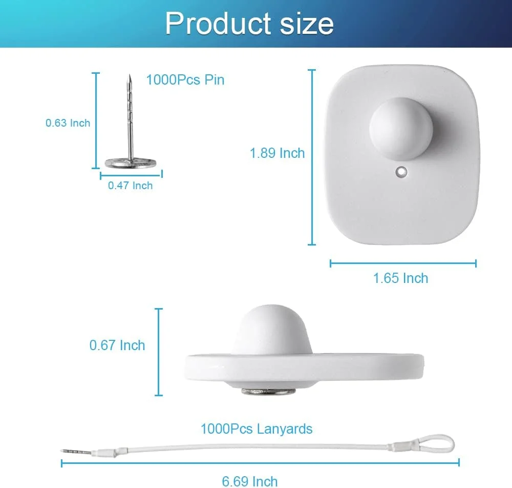تگ امنیتی لباس LeaGerous با فرکانس 8.2 مگاهرتز، 1000 عددی، تگ سخت سفید امنیتی خرده فروشی لباس به همراه 1000 پین و 100 بند سازگار با سیستم EAS با فرکانس 8.2 مگاهرتز