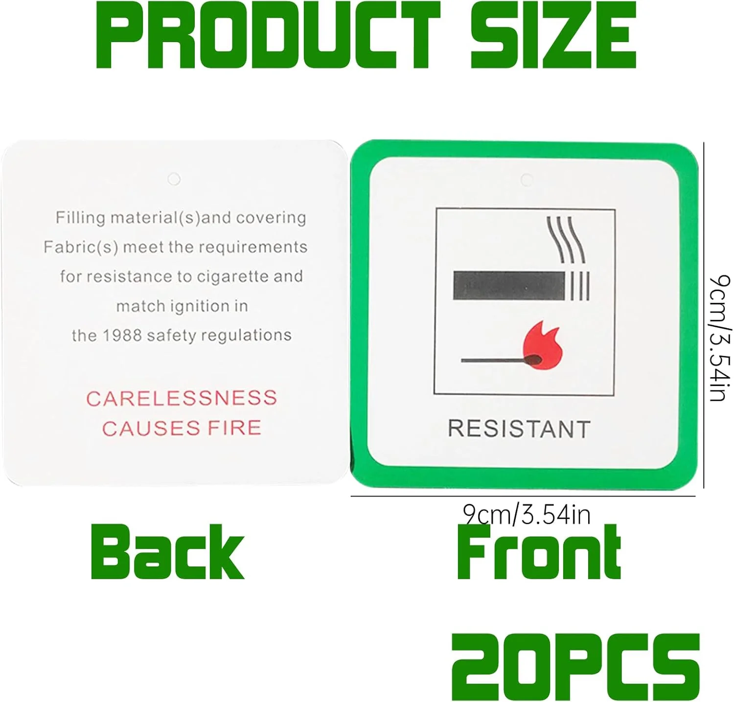 بسته 20 عددی برچسب آتش نشانی برای مبلمان، برچسب های آویز رشته ای سبز مقاوم در برابر آتش برای مبلمان، علامت آویز هشدار ایمنی برای مواد مقاوم در برابر آتش، برچسب های روکش شده علامت