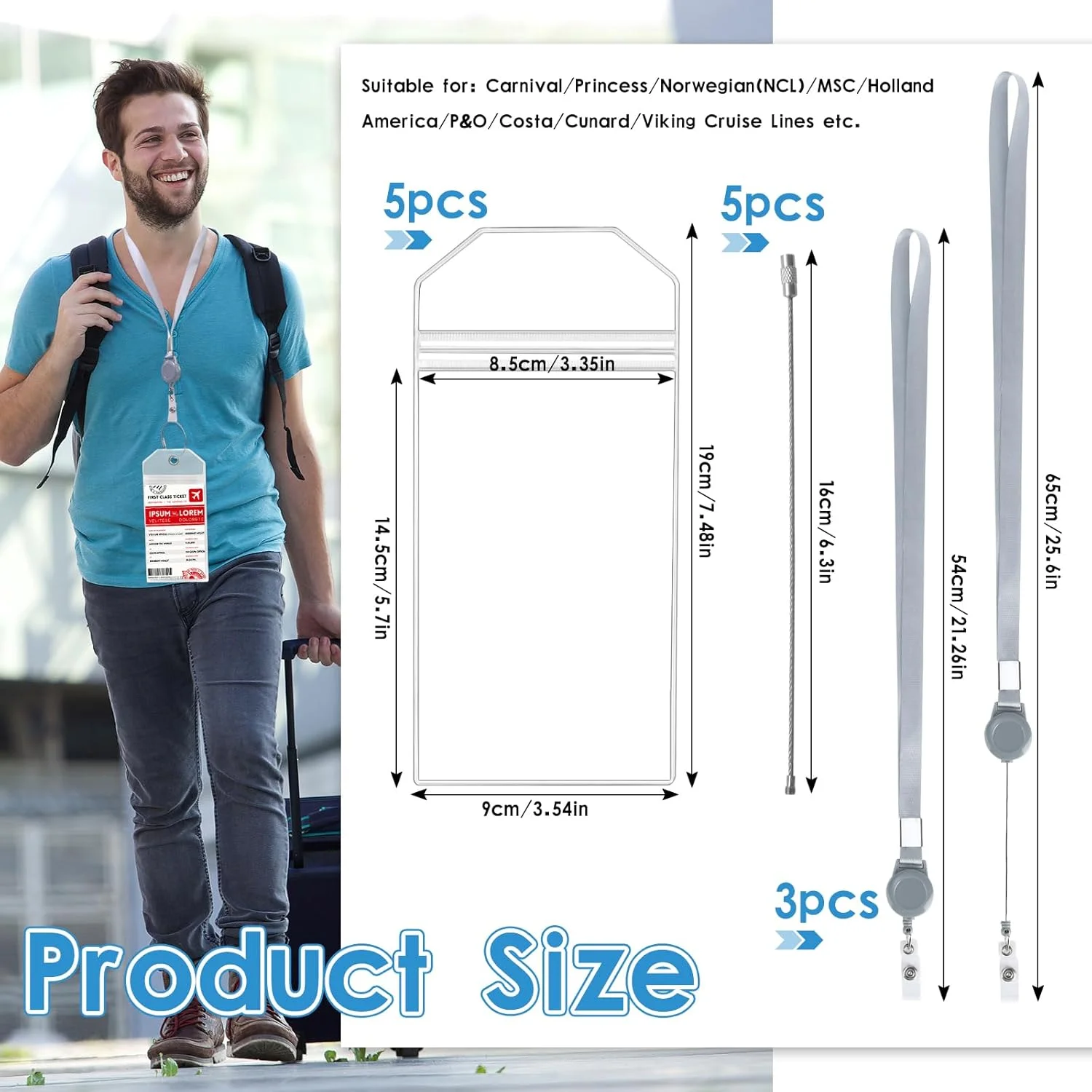 بسته 5 عددی تگ چمدان برای سفرهای دریایی، تگ چمدان PVC شفاف، تگ چمدان ضد آب با 5 حلقه استیل ضد زنگ + 3 بند گردنی برای چمدان، کیف های دافل (19 x 9 سانتی متر)
