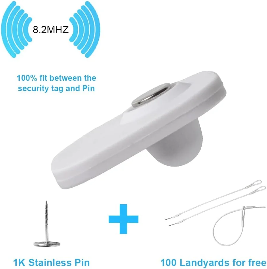 تگ امنیتی لباس LeaGerous با فرکانس 8.2 مگاهرتز، 1000 عددی، تگ سخت سفید امنیتی خرده فروشی لباس به همراه 1000 پین و 100 بند سازگار با سیستم EAS با فرکانس 8.2 مگاهرتز