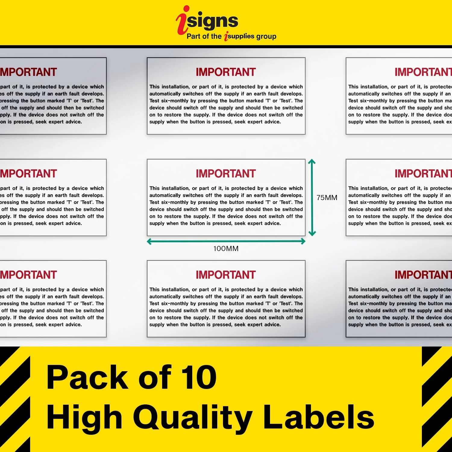 برچسب های هشدار دهنده iSigns (برچسب تست RCD) بسته 10 عددی برچسب تست RCD، 100x75 میلی متر، برچسب های ایمنی الکتریکی وینیل خود چسب، مطابق با استانداردهای HSE بریتانیا
