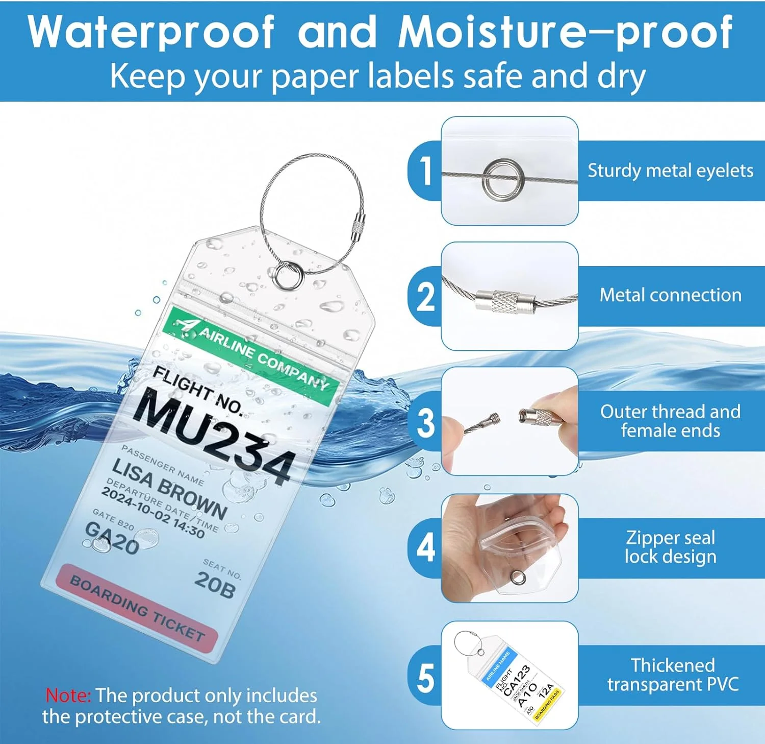 بسته 5 عددی تگ چمدان برای سفرهای دریایی، تگ چمدان PVC شفاف، تگ چمدان ضد آب با 5 حلقه استیل ضد زنگ + 3 بند گردنی برای چمدان، کیف های دافل (19 x 9 سانتی متر)