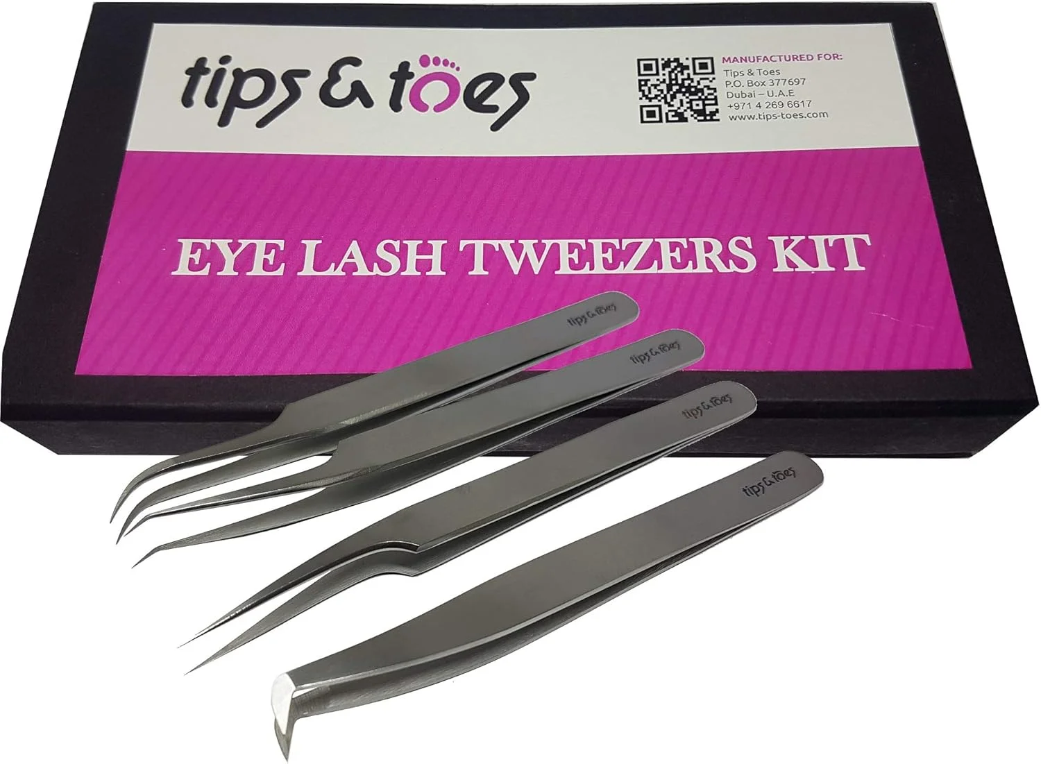 موچین مژه Tips&Toes – قابل اعتماد برای استفاده – ست موچین استیل ضد زنگ برای ابرو و مژه – بسته 4 عددی