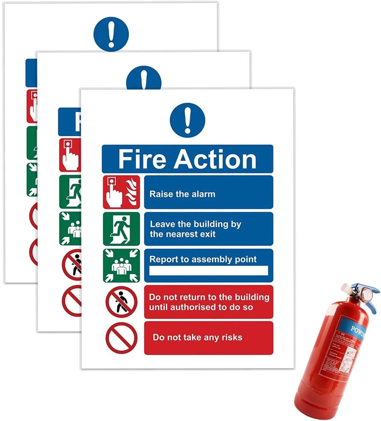 3 عدد تابلوی اعلانات اقدامات آتش نشانی، 150mm x 150mm تابلوهای ایمنی آتش نشانی با دستورالعمل های زنگ خطر آتش، برچسب های ضد آب ایمنی آتش نشانی برای مبلمان، تابلوی محل تجمع آتش نشانی در فضای باز