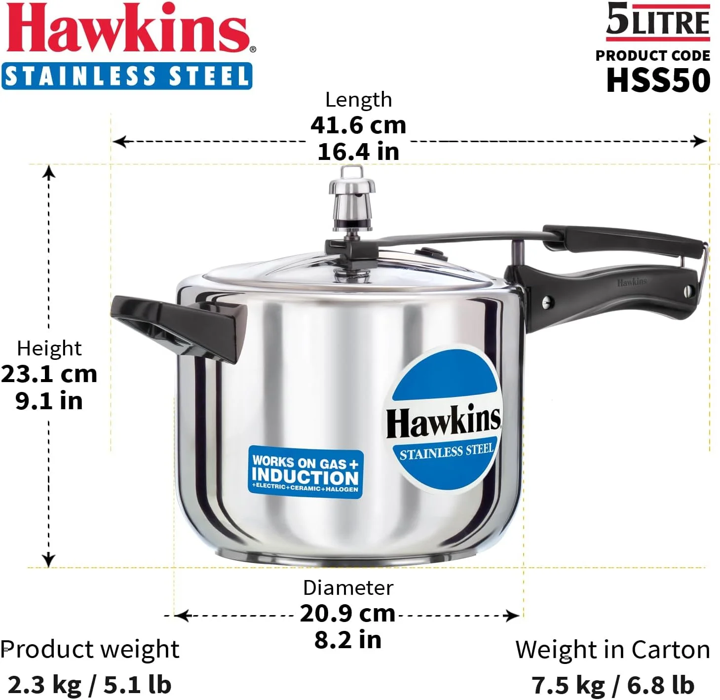 Hawkins 5 Litre Pressure Cooker, Stainless Steel Inner Lid Cooker, Induction Cooker, Silver (Hss50), 5 Liter