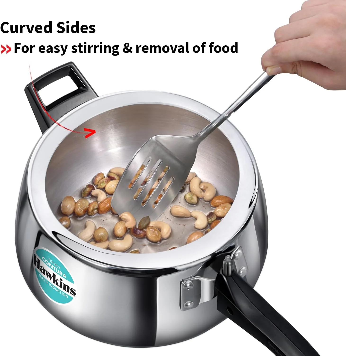 زودپز 5 لیتری هاوکینز مدل Triply Contura، زودپز استیل ضد زنگ سه لایه القایی، زودپز با طراحی Contura، بهترین زودپز، نقره ای (SSTCO50)