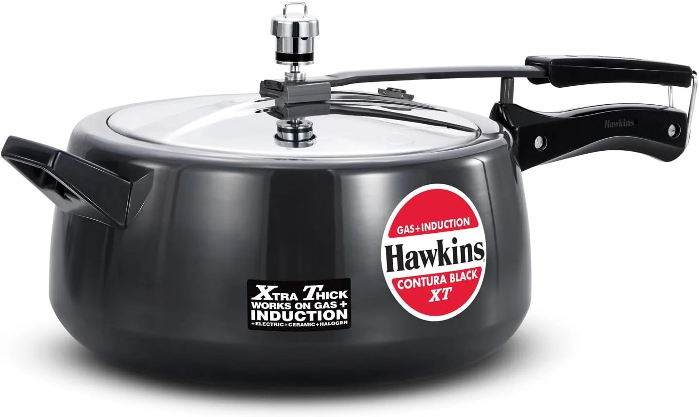 Hawkins Contura XT Pressure Cooker, 6.5 Litre Black, Induction Compatible, Hard Anodised Inner Lid, 4.88 mm Xtra Thick Base