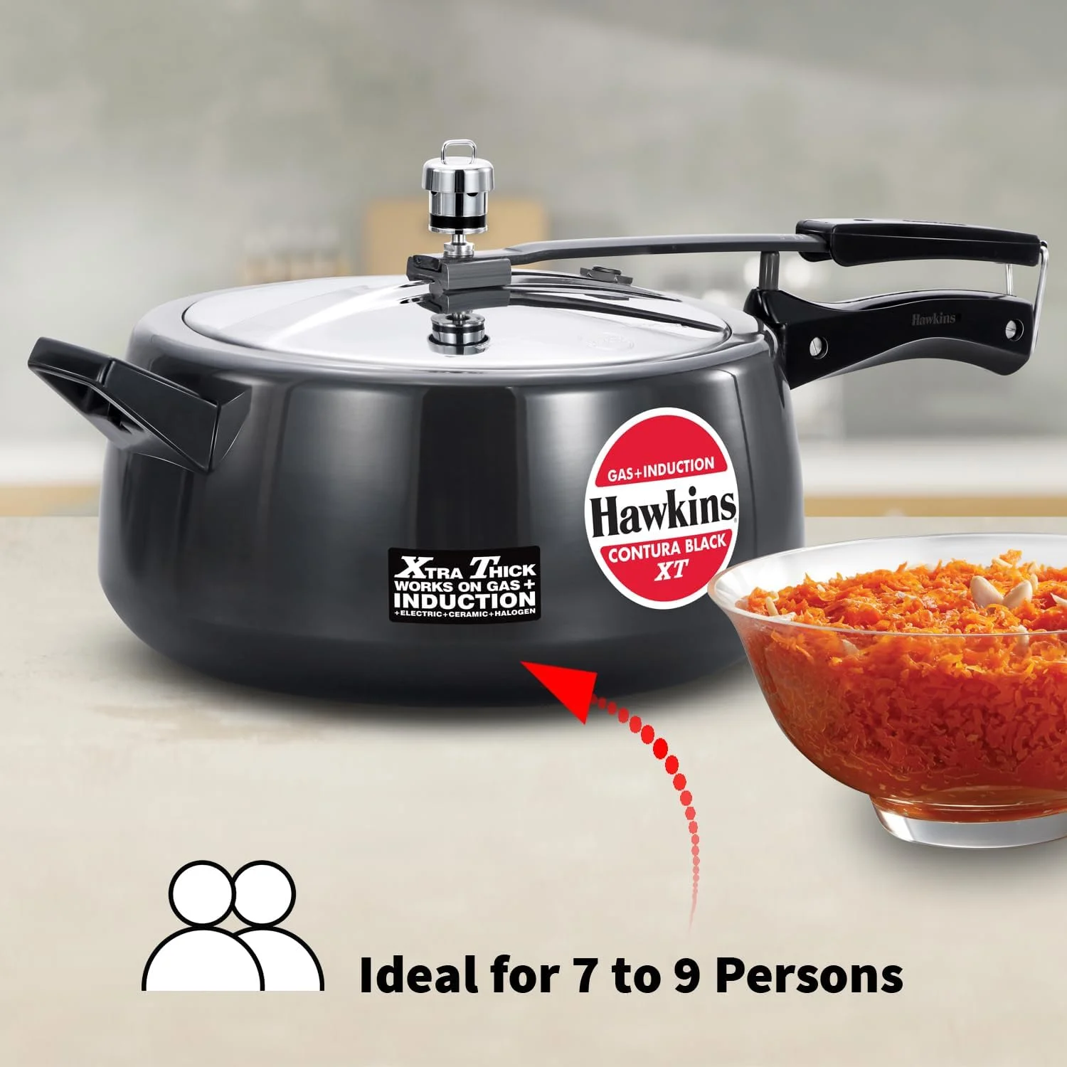 Hawkins Contura XT Pressure Cooker, 6.5 Litre Black, Induction Compatible, Hard Anodised Inner Lid, 4.88 mm Xtra Thick Base