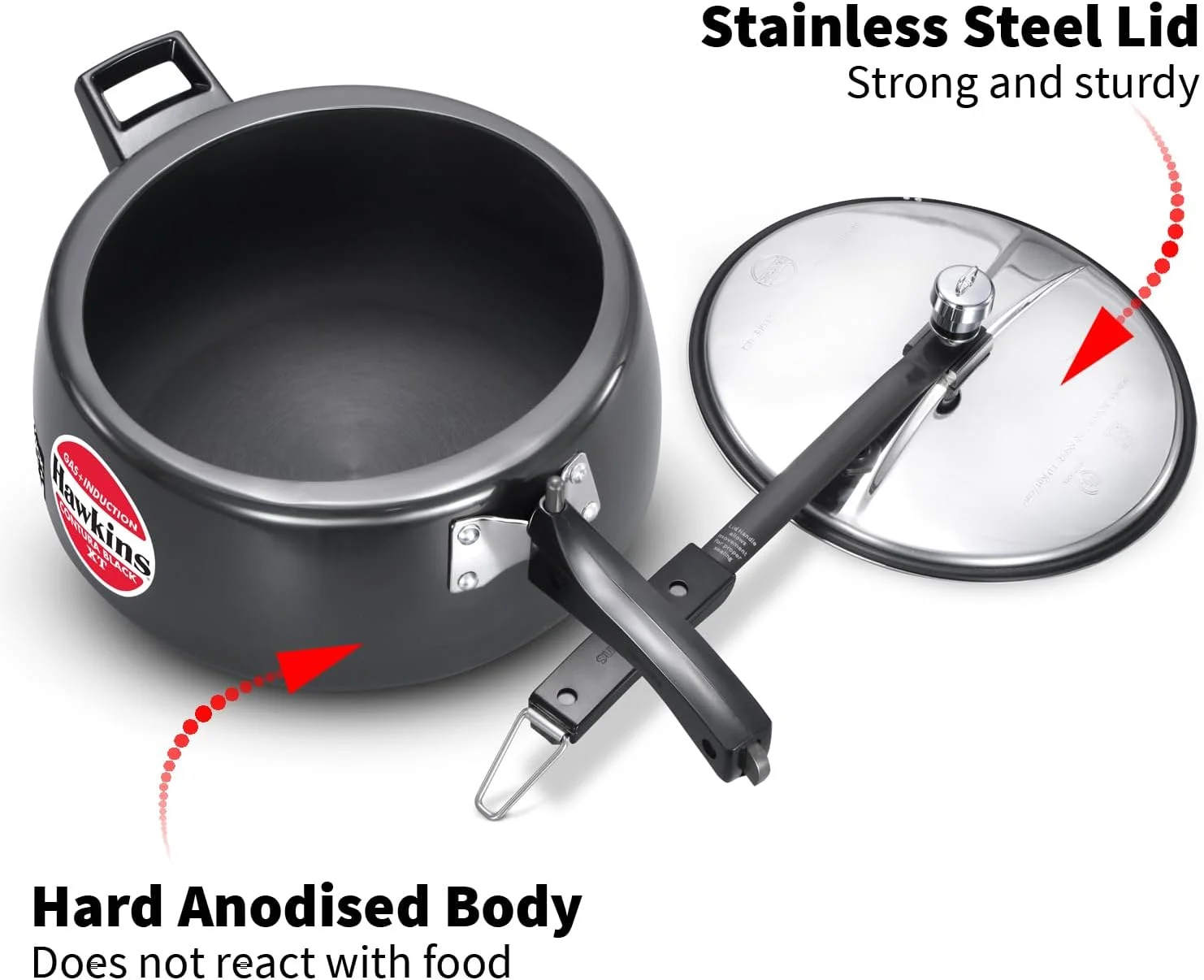 Hawkins Contura XT Pressure Cooker, 6.5 Litre Black, Induction Compatible, Hard Anodised Inner Lid, 4.88 mm Xtra Thick Base