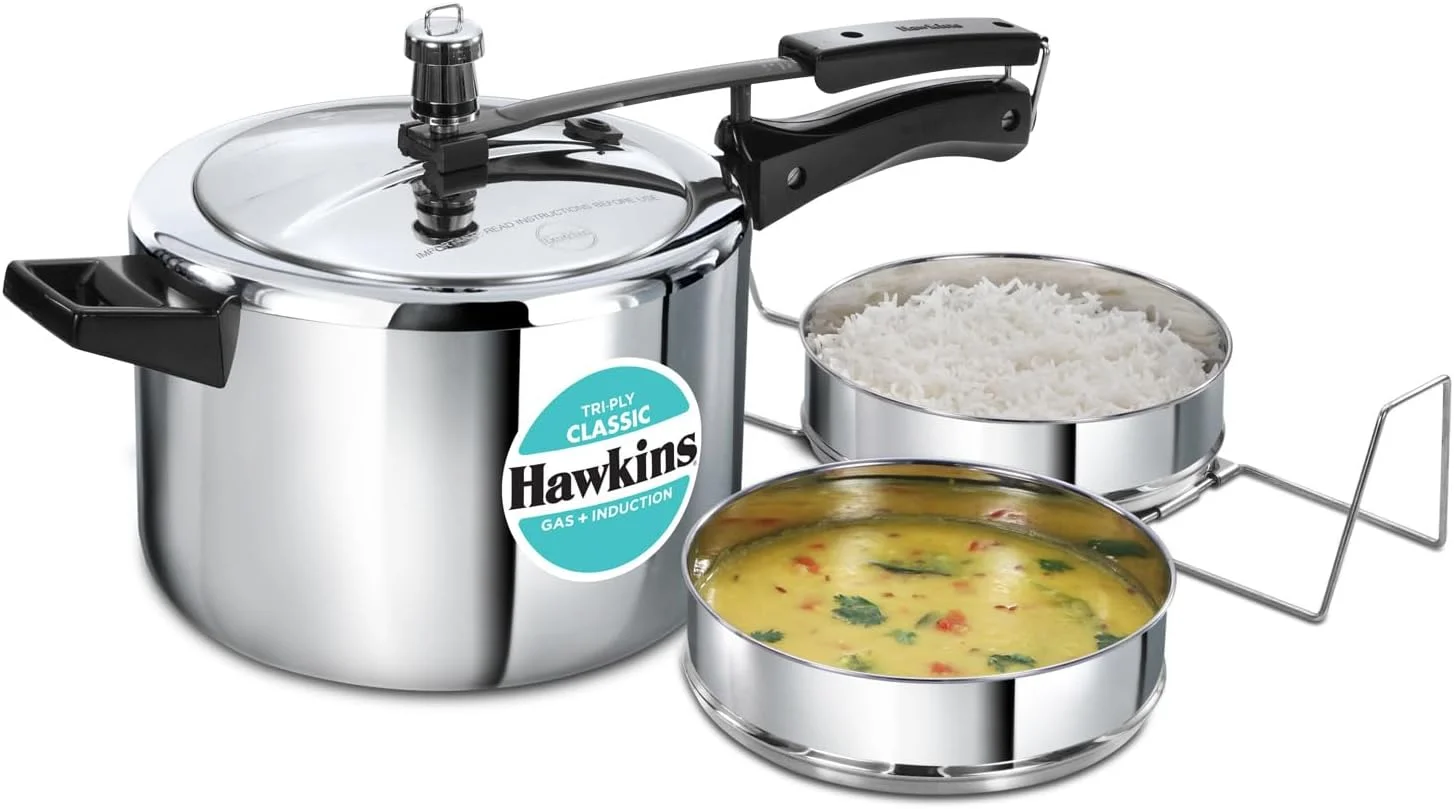 Hawkins Classic 5 Litre Tri-Ply Pressure Cooker with Separator, Triply Stainless Steel Inner Lid Cooker, Silver (SSTCL51)